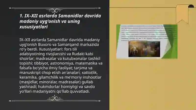 IX–XII asrlarda Samanidlar davrida madaniy uyg'onish va uning xususiyatlari 3