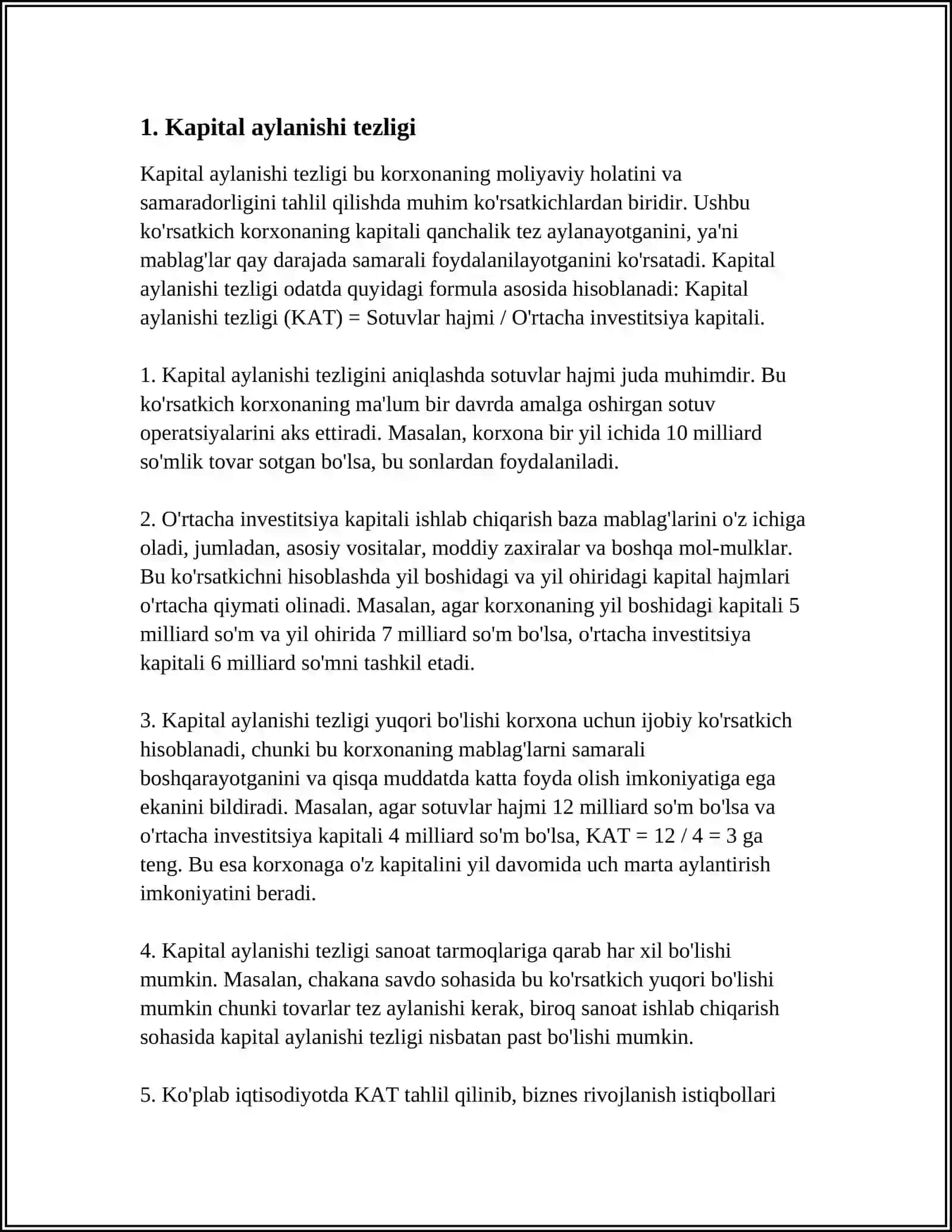 TADBIRKORLIK KAPITALINING AYLANISHI VA SAMARADORLIK MUAMMOLARI REFERAT 3