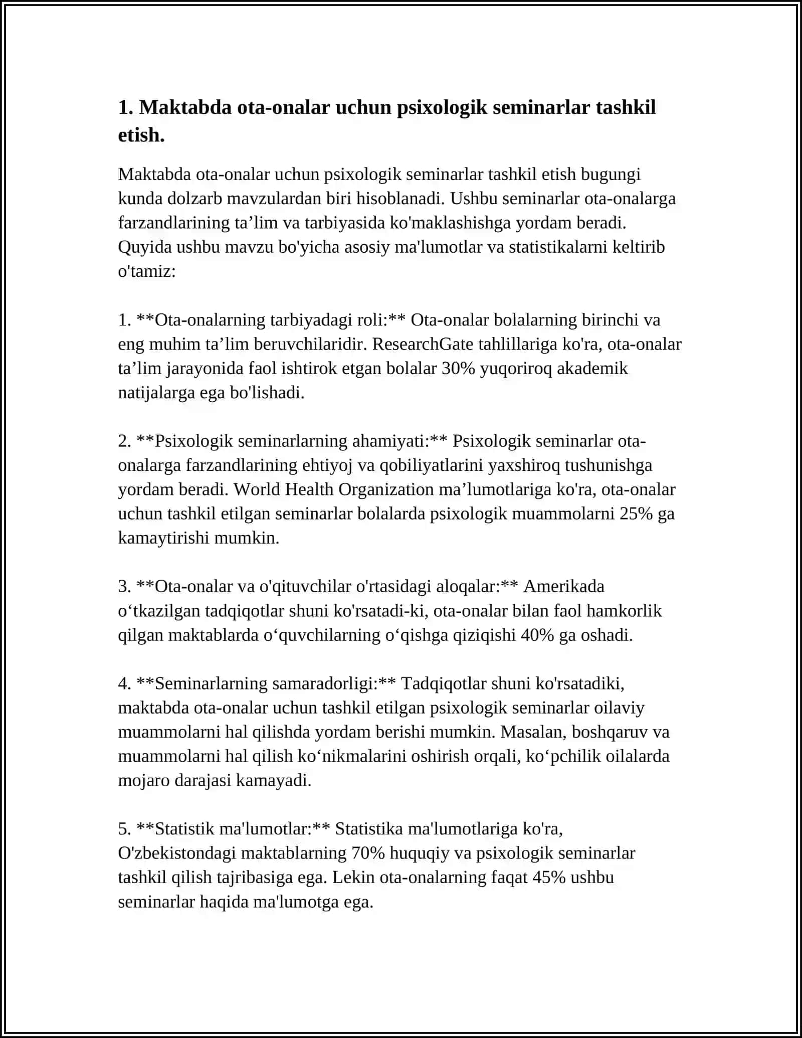MAKTAB BILAN BOʻGʻLIQ MUAMMOLAR YUZASIDAN HAR BIR TALABA PEDAGOGLAR,TARBIYACHI VA OTA-ONA PSIXOLOGIK SAVODXONLIGINI OSHIRISH 3