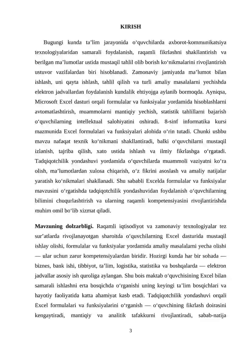 Excelda formulalar va funksiyalar mavzusida tadqiqotchilik yondashuvidan foydalanish 3