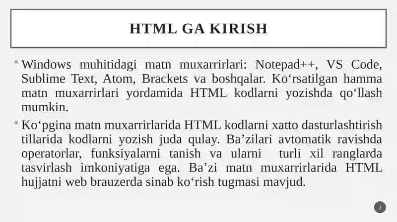 HTMLga kirish. HTML-hujjatlar tuzilishi. HTML ning asosiy teglari, atributlari. Sarlavha teglari. 3