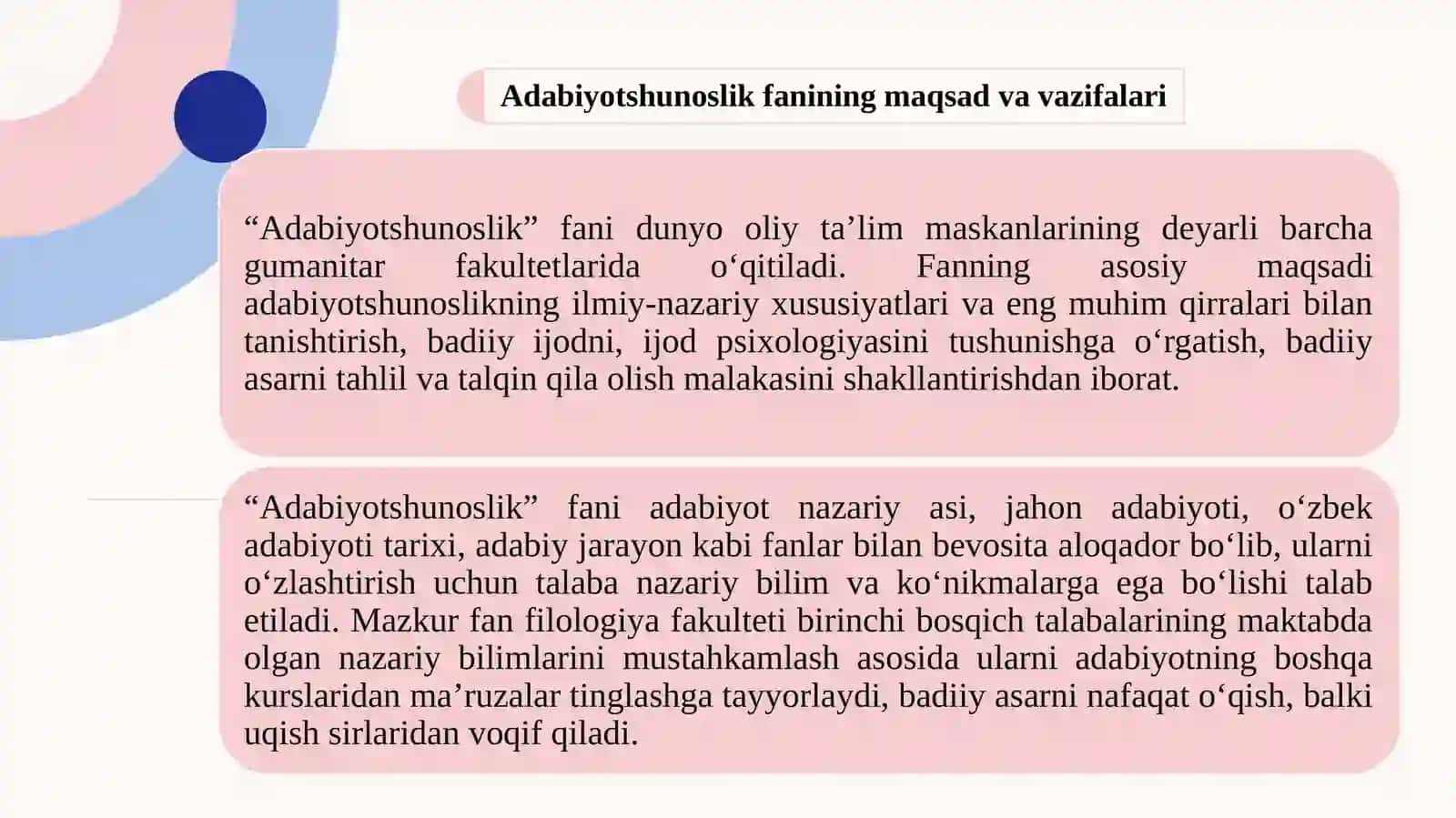ADABIYOTSHUNOSLIK FANINING MAQSAD VA VAZIFALARI ADABIYOTSHUNOSLIK - BADIIY ADABIYOT TO‘G‘RISIDAGI FAN.  BADIIYLIK BELGILARI VA HUSUSIYATLARI 3