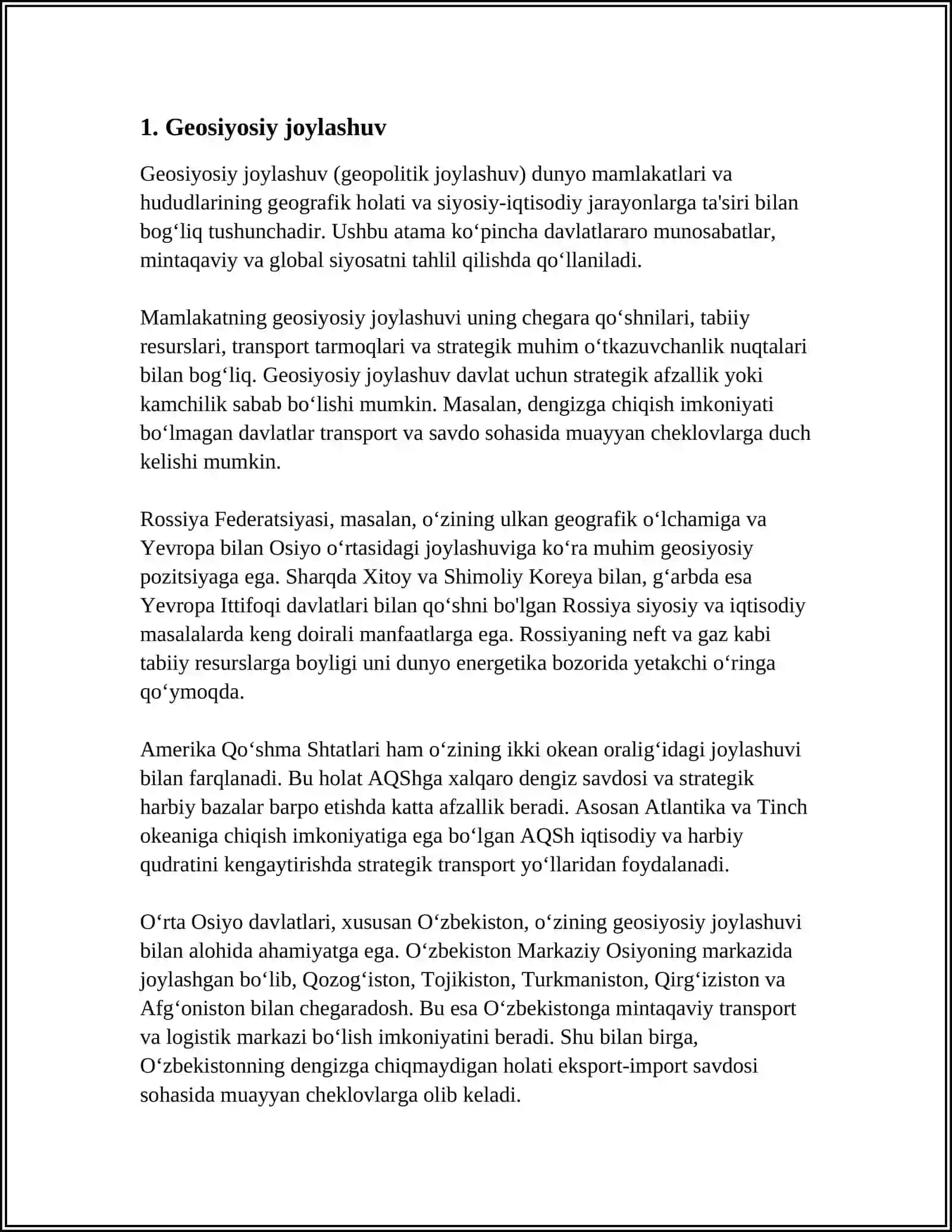 OʻZBEKISTONNING MARKAZIY OSIYODA TINCHLIK VA BARQARORLIKNI TAʼMINLASHDAGI OʻRNI 3