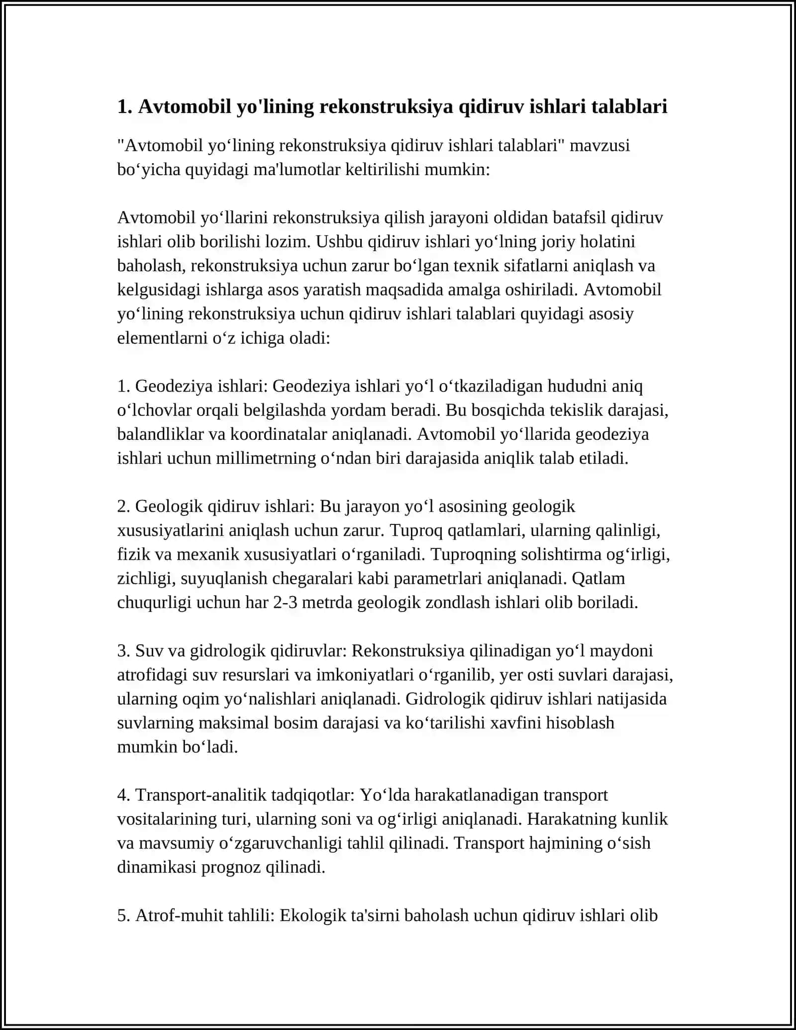 AVTOMOBIL YO'LINING REKONSTRUKSIYA QIDIRUV ISHLARI OZIGA XOS XUSUSIYATLARI 3