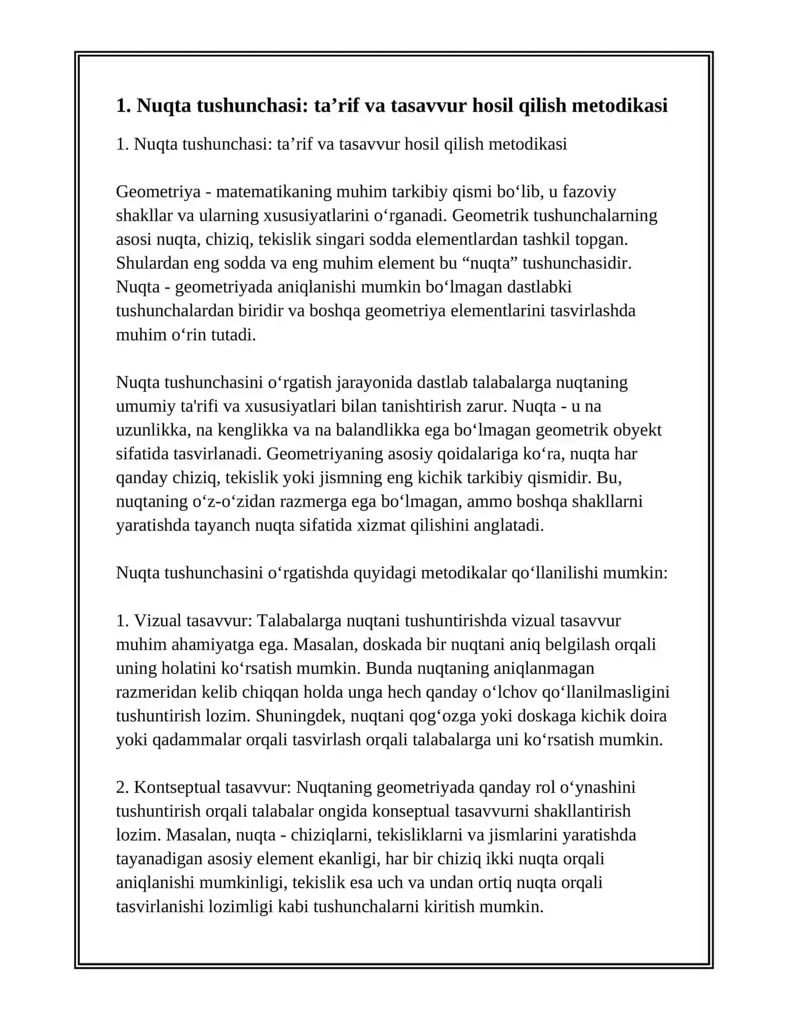 GEOMETRIK MATERIALLARNI O'RGANISH METODIKASI. NUQTA, KESMA, KO'PBURCHAK TUSHUNCHASI HAQIDA TASAVVURNI SHAKLLANTIRISH VA ULARNI CHIZISH, AYRIM XOSSALARI BILAN TANISHTIRISH METODIKASI 3