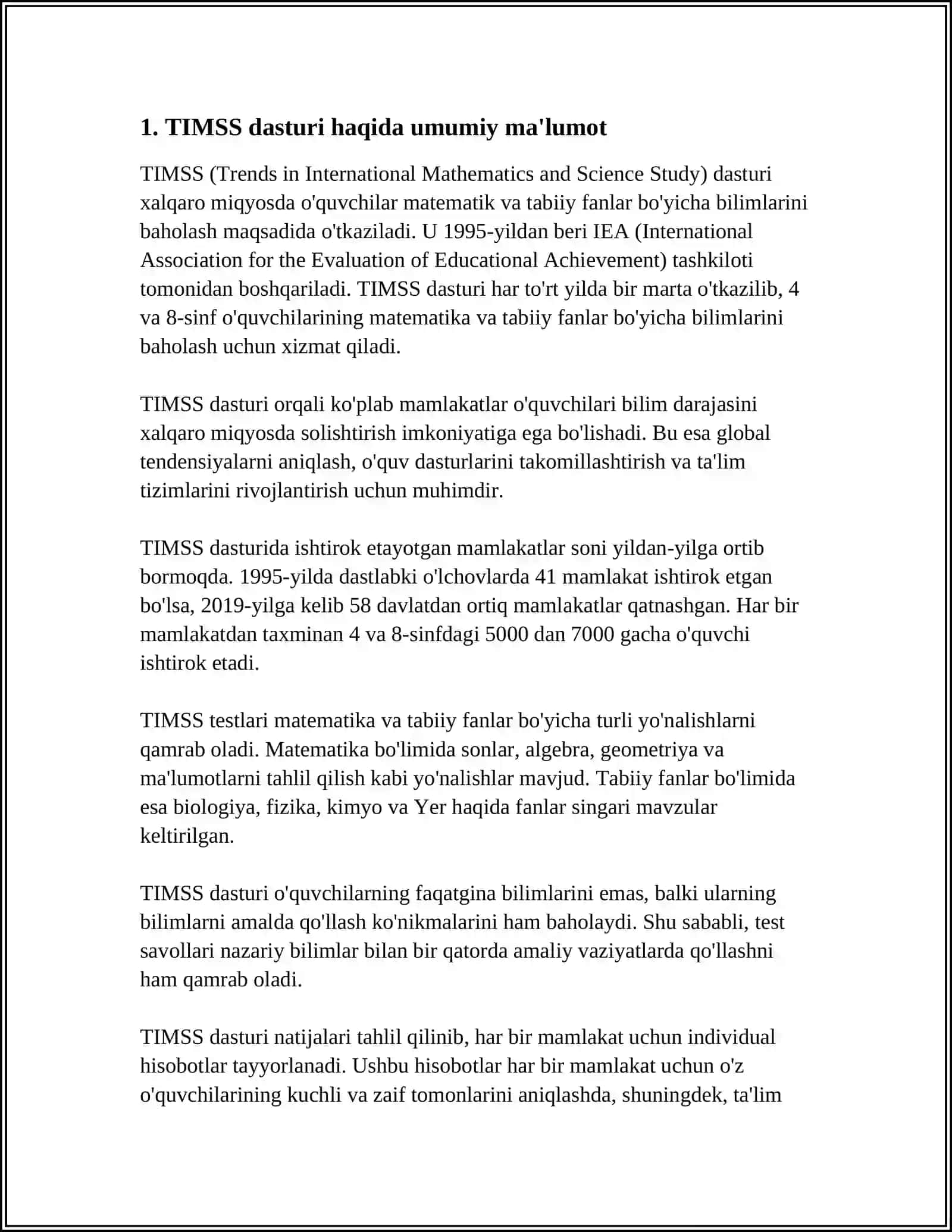 TIMSS XALQARO BAHOLASH DASTURI HAQIDA ASOSIY MA’LUMOTLAR 3
