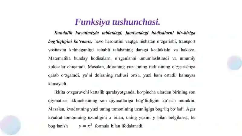 Funksiya tushunchasi. Funksiyaning berilish usullari. Chegaralangan va chegarlanmagan funksiyalar 3