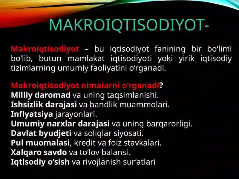 Makroiqtisodiyotga kirish. Asosiy makroiqtisodiy ko‘rsatkichlar. Inflyasiya va inflyasiyaga qarshi siyosat. Yalpi talab va yalpi taklif modeli. 3