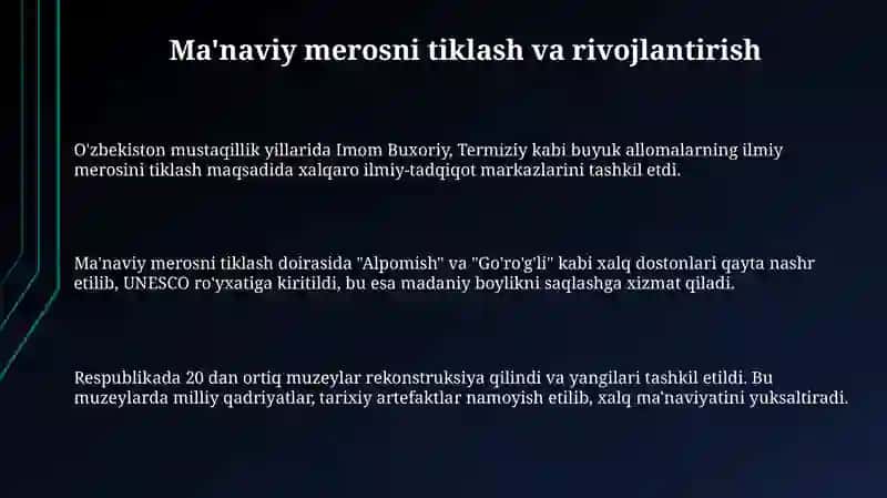 Mustaqillik yillarida O'zbekiston Respublikasidagi ma'naviy marifiy sohasidagi islohotlar 3