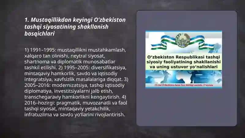 O'zbekiston Respublikasi tashqi siyosiy faoliyatining shakllanishini va uning ustuvor yoʻnalishi 3
