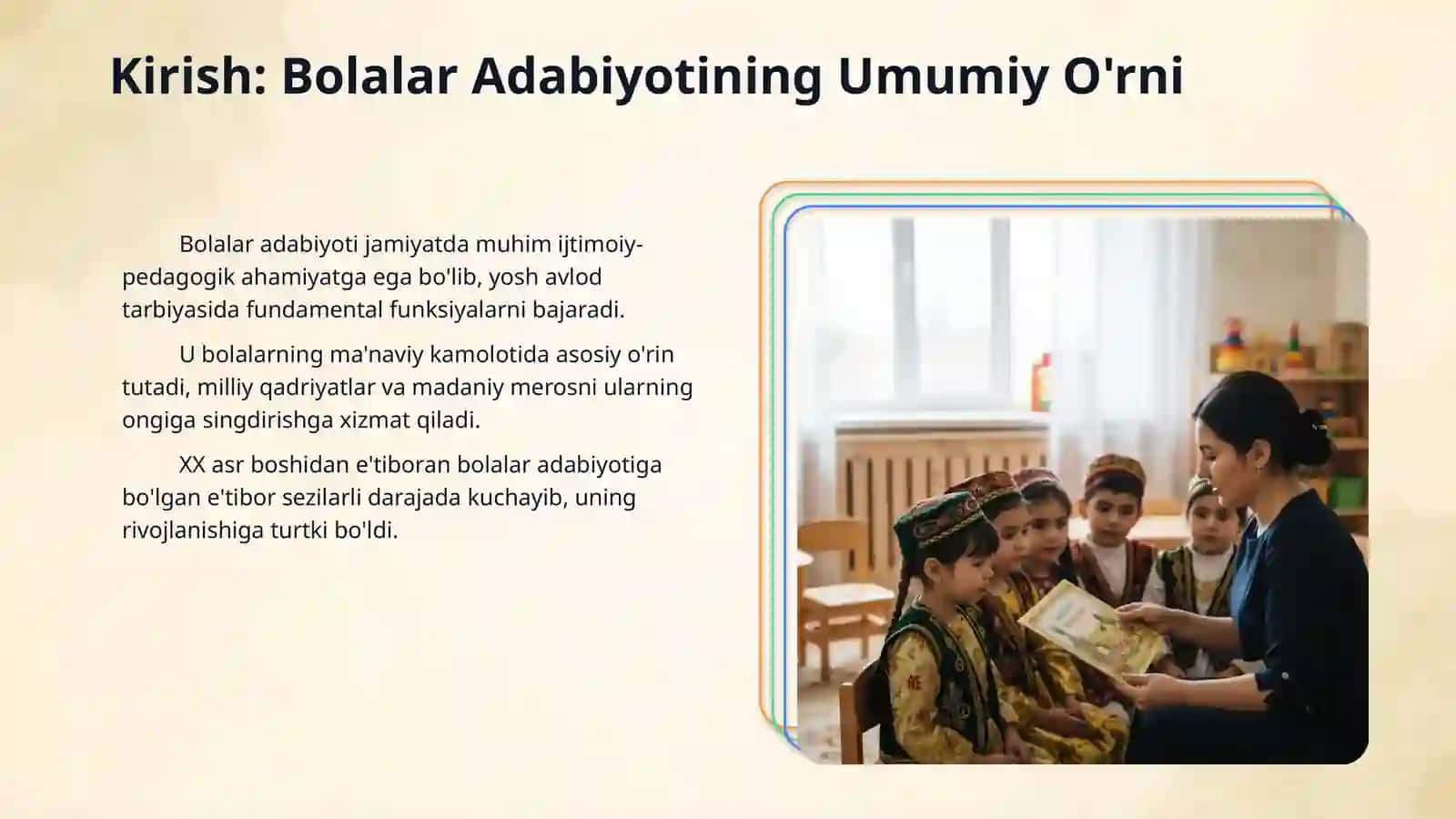 Adabiyot (bolalar adabiyoti) fanining maqsad va vazifalari. Ozbek bolalar adabiyoti istilohi va uning paydo bolishi. 3