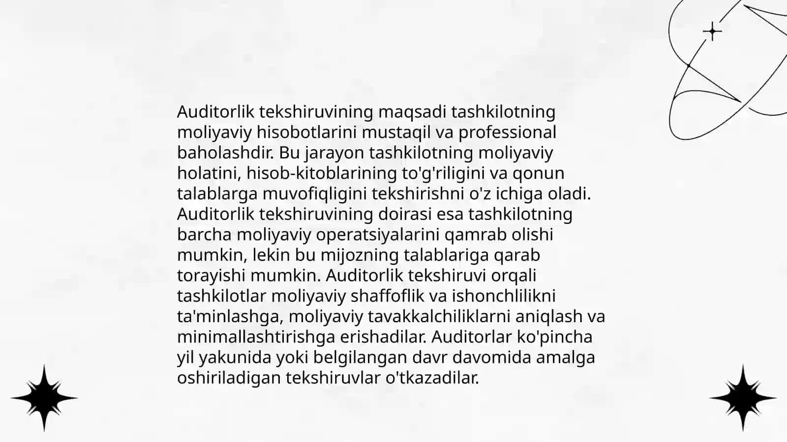 Auditorlik tekshiruvini rejalashtirishning tamoyillati va bosqichlari, auditning umumiy rejasini tayyorlash xususiyatlari 3