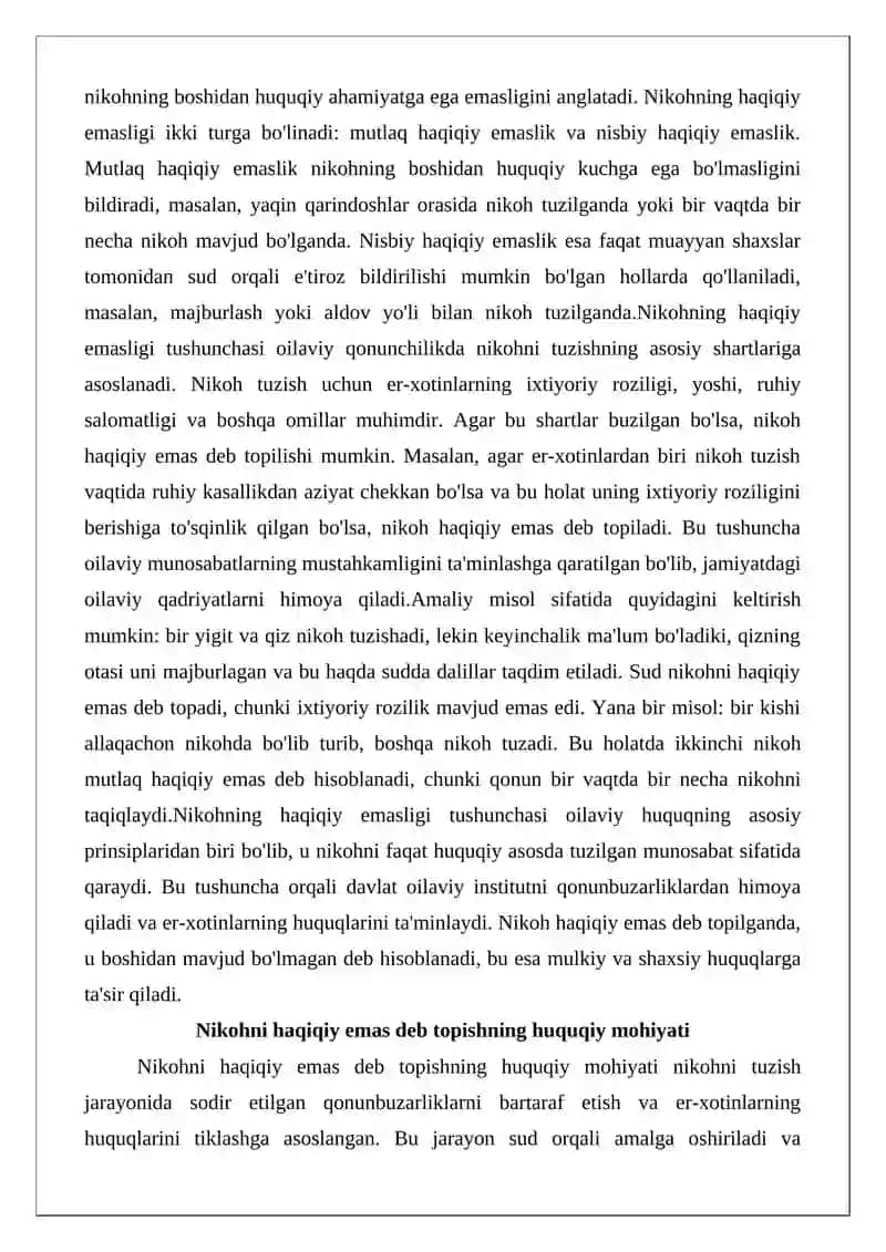 Nikohning haqiqiy emas deb topish asoslari va tartibi 3