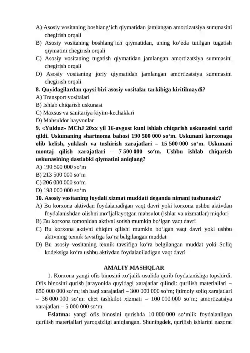 ASOSIY VOSITALAR HISOBINING NORMATIV-HUQUQIY ASOSLARI, TURKUMLANISHI VA BAHOLANISHI 3