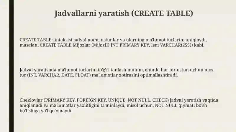 SQLtilidajadvallaryaratish,o’zgartirishvao’chirish 3