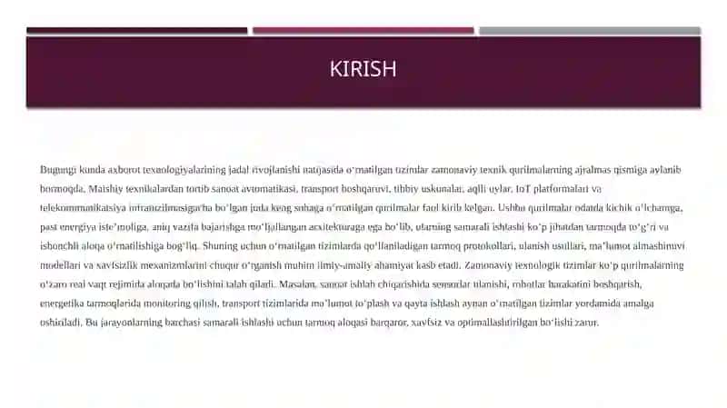 O’RNATILGAN TIZIMLAR TARMOQLAR VA PROTOKOLLAR KURS ISHI TAQDIMOTI 3