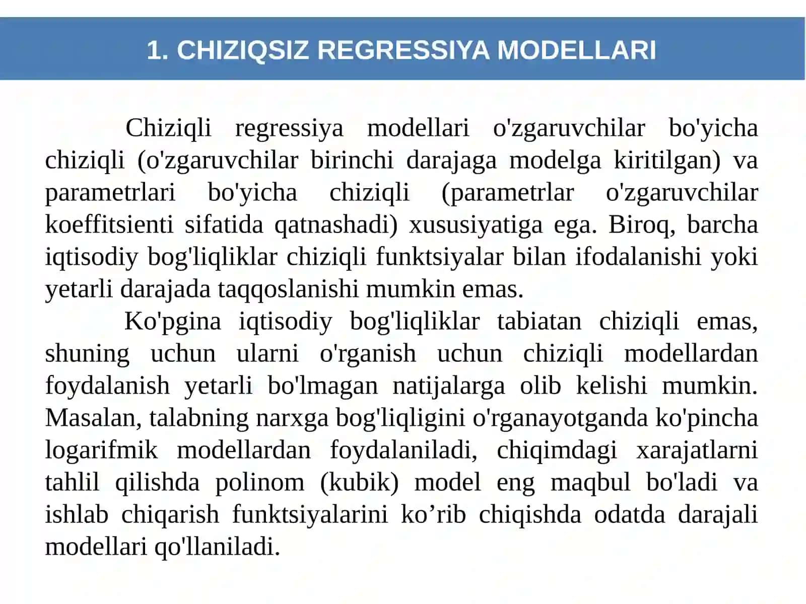 CHIZIQSIZ REGRASSIYA. KO’P OMILLI EKONOMETRIK TAHLIL 3