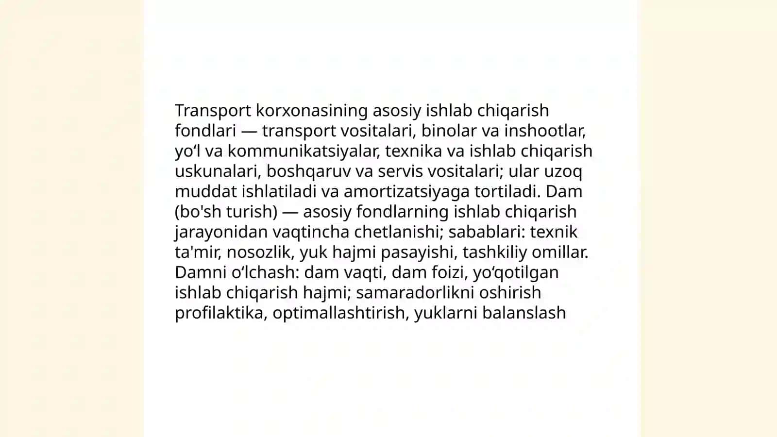Transport korxonasining asosiy ishlab chiqarish fondlari dam foydalanish samaradorligi 3