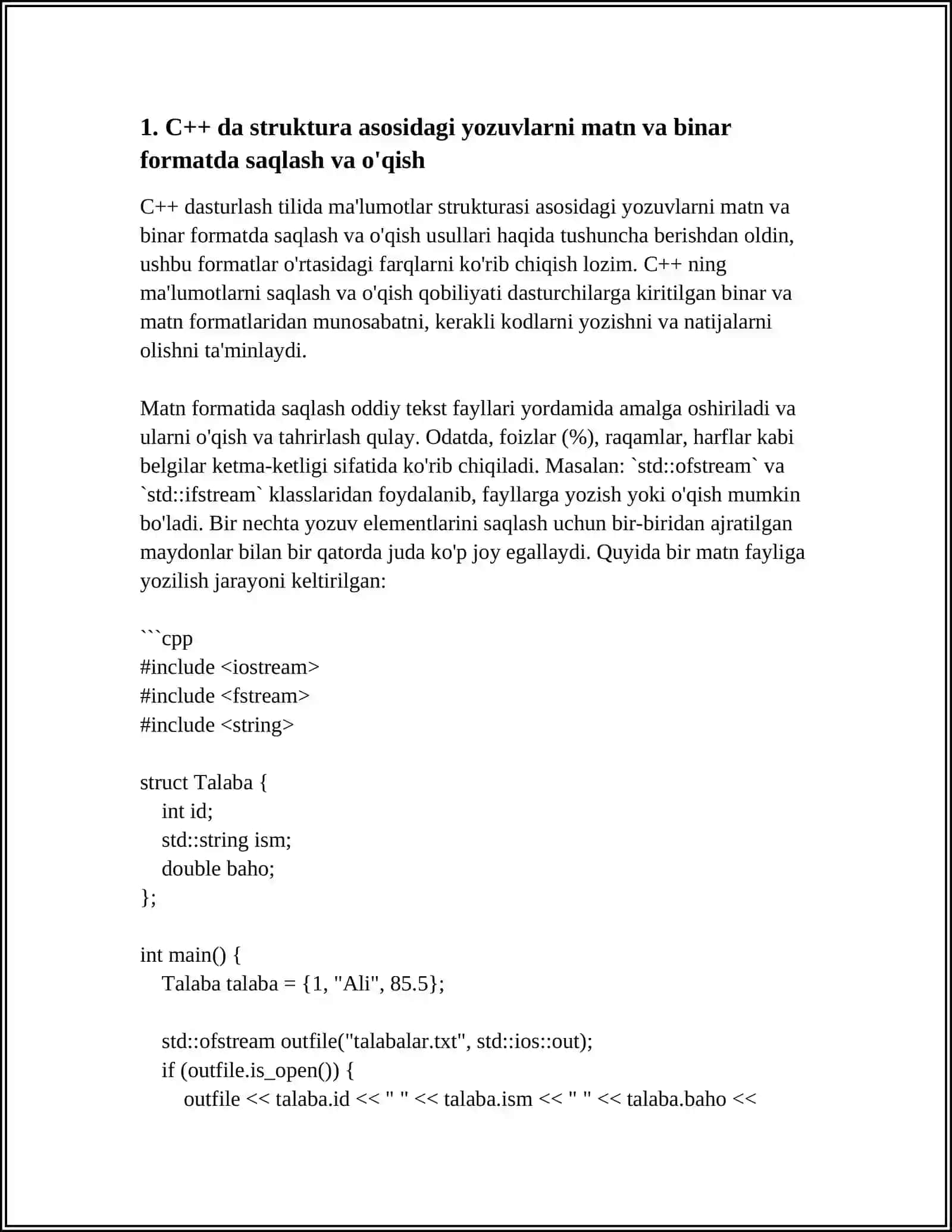 C ++ DA FAYL TOIFASIDAGI STRUKTURAVIY MA'LUMOTLARNI SOHA BOʻYICHA ISHLATGAN HOLDA DASTUR TUZISH 3