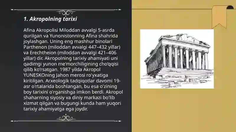 Qadimiy bino inshootlar namunalaridan ma'lumotlar Akropol mavzusida taqdimot 3