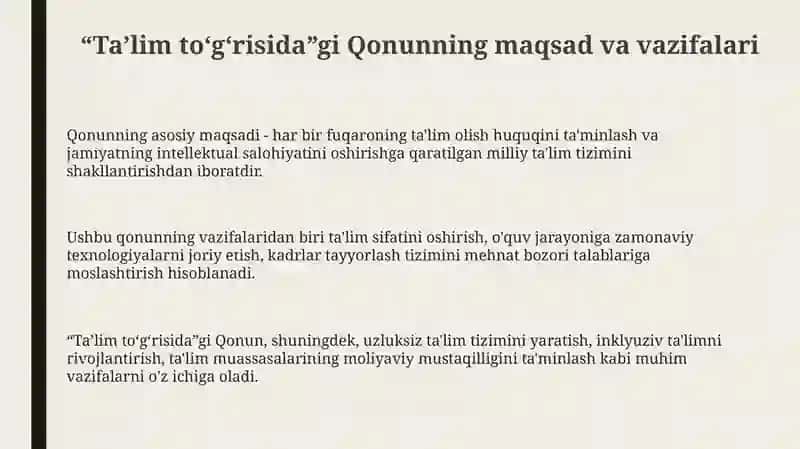 Oʻzbekistonda talim siyosati "taʼlim toʻgʻrisidagi" qonuni 2020yil 23-sentyabr asosida 3