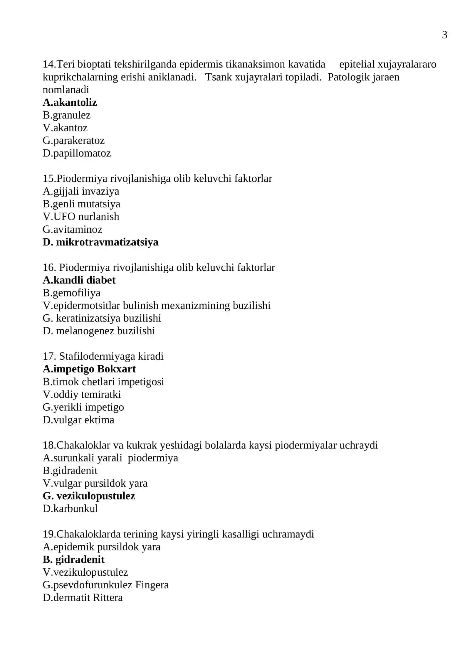 Dermatologiya teri tanosil kasalliklari magistratura kirish test savollari 2026 yil 3