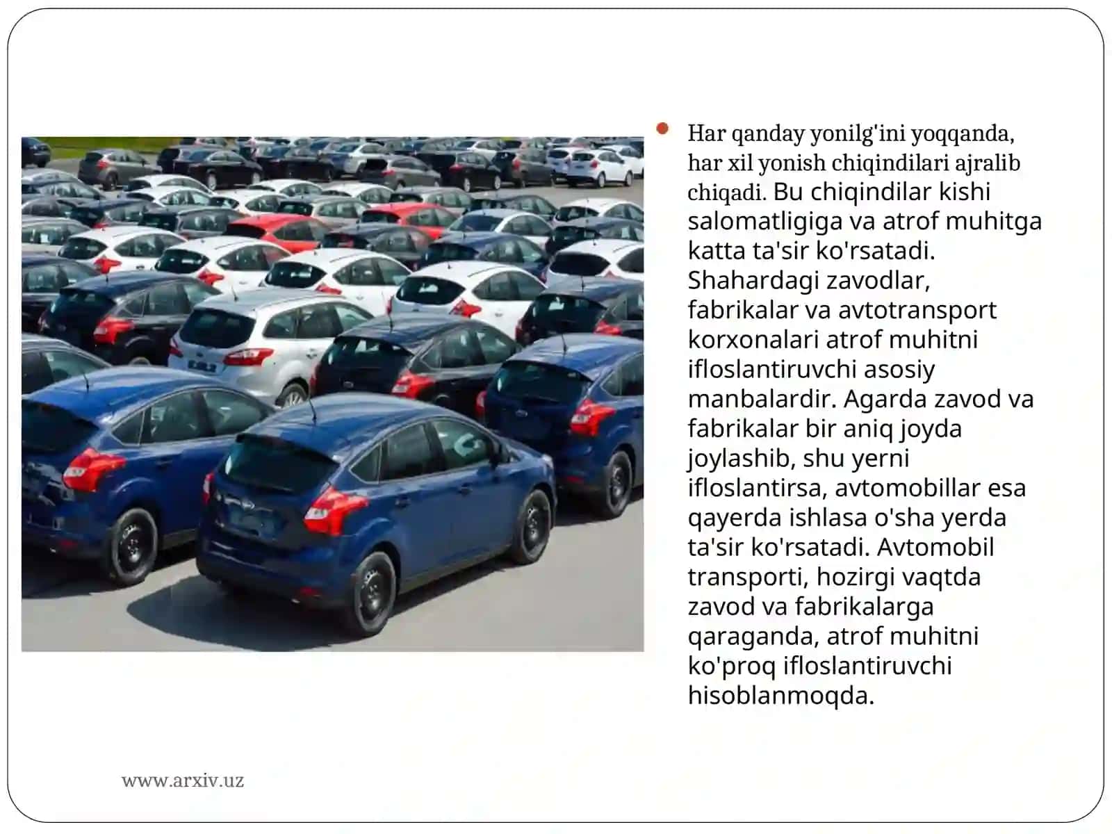 Avtomobil transportini atrof muhitga, aholiga va ishlovchilarga me'yoriy ta'sirini ta'minlash 3