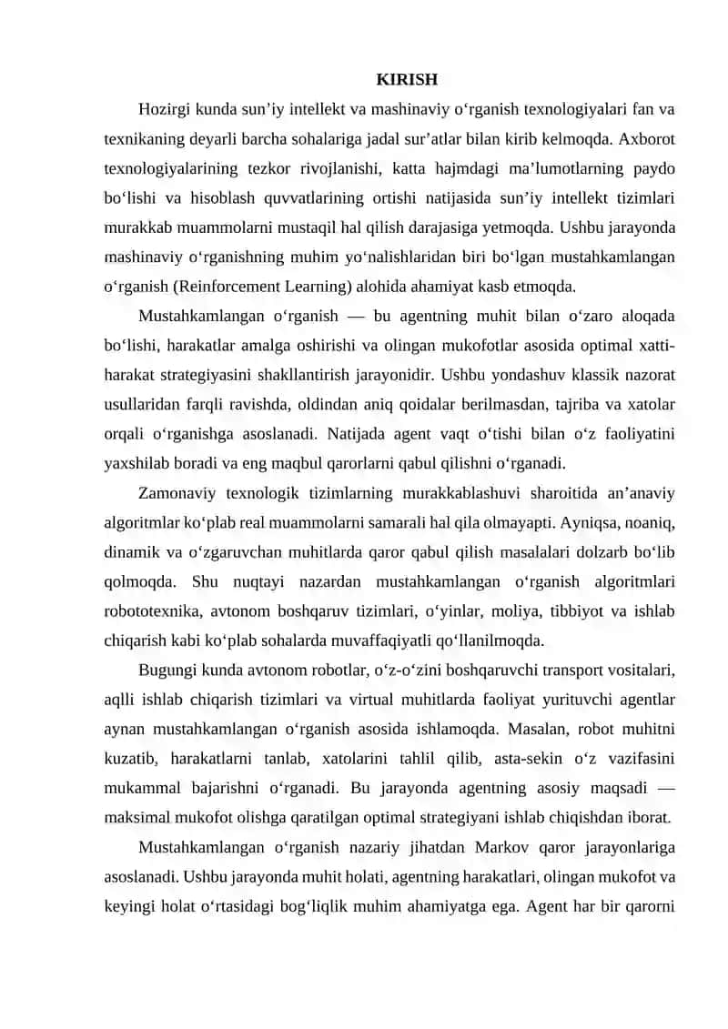 "Mustahkamlangan o’rganish (Reinforcement Learning) algoritmlarning amaliy qollanilishi" 3