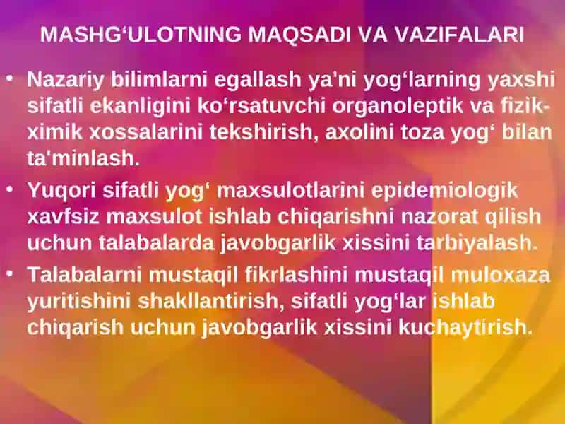 YOG‘LARNING OZUQAVIY VA BIOLOGIK QIYMATI. YOG‘NING SANITARIYA-GIGIENIK  EKSPERTIZASI 3