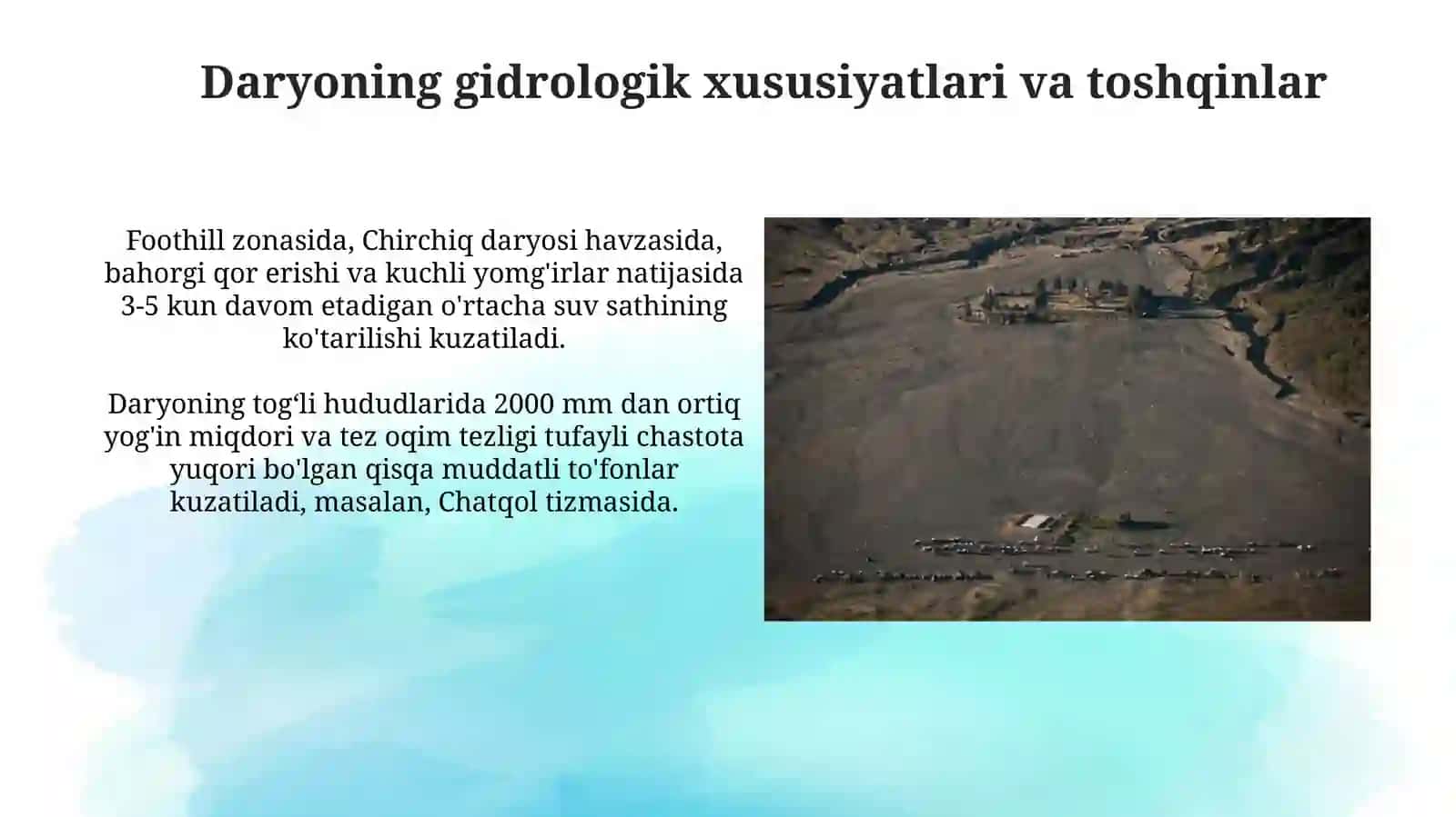Daryoning tog'li, tog' oldi va tekis zonalarida toshqinlarning paydo bo'lish xususiyatlari 3