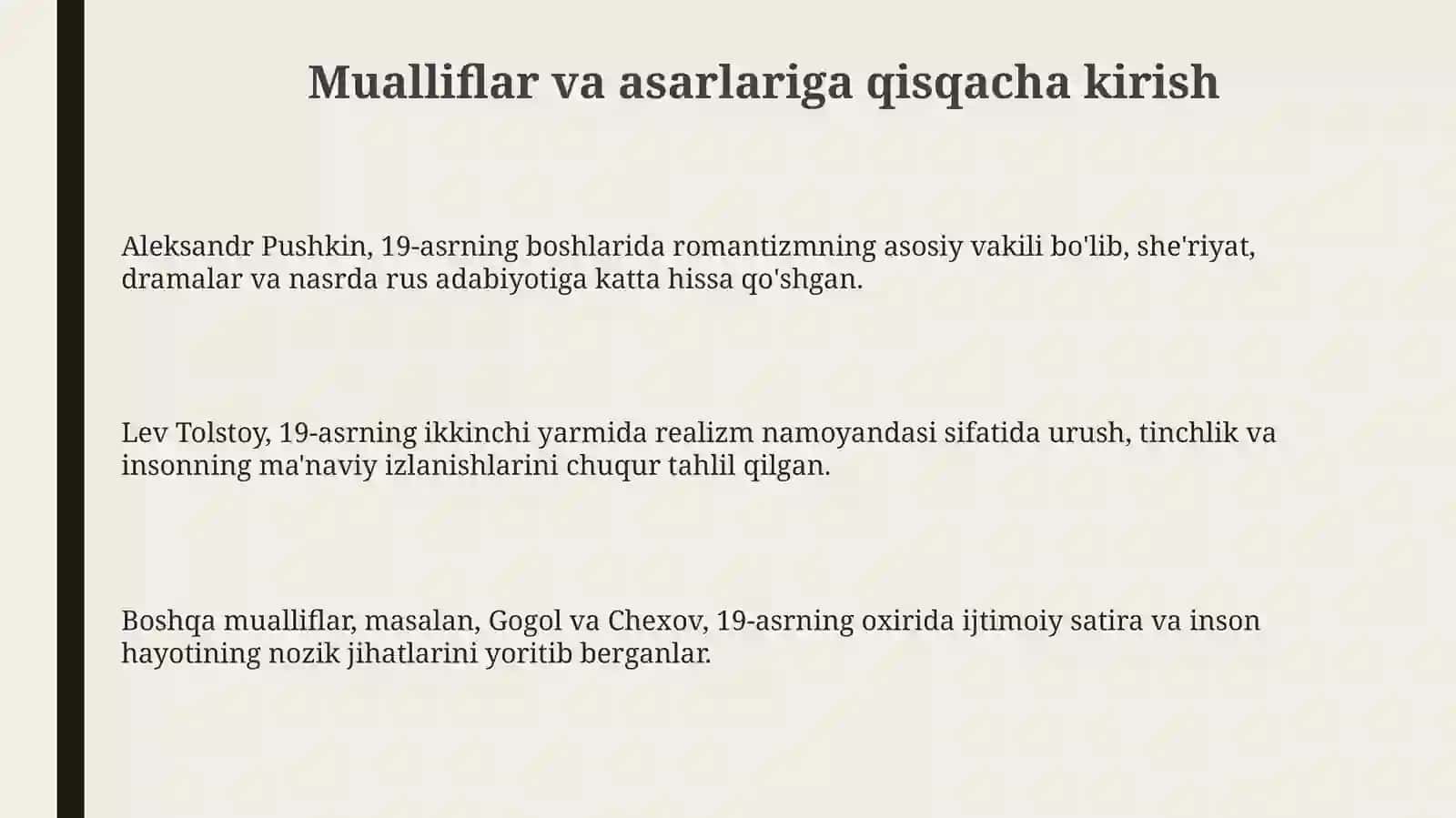 Pushkin, L.Tolstoy va hk.ning ijod mahsullari bo‘yicha tahliliy taqdimotlarga tayyorgarlik ko‘rish 3