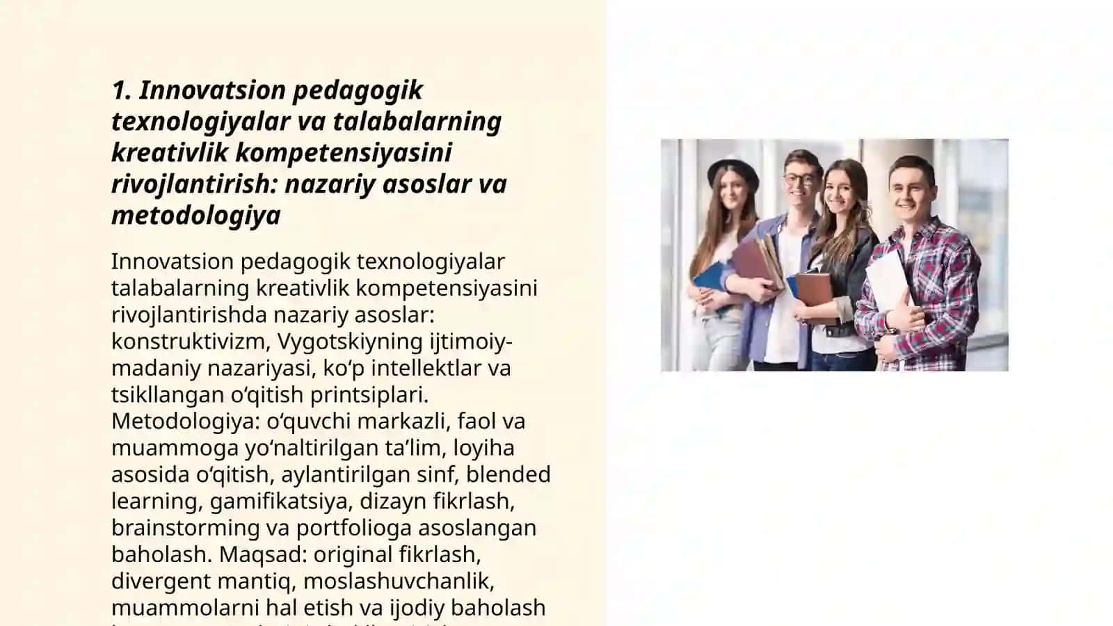 Talabalarning kreativligini rivojlantirishda innovatsion pedagogik texnologiyalardan foydalanishni takomillashtirish 3