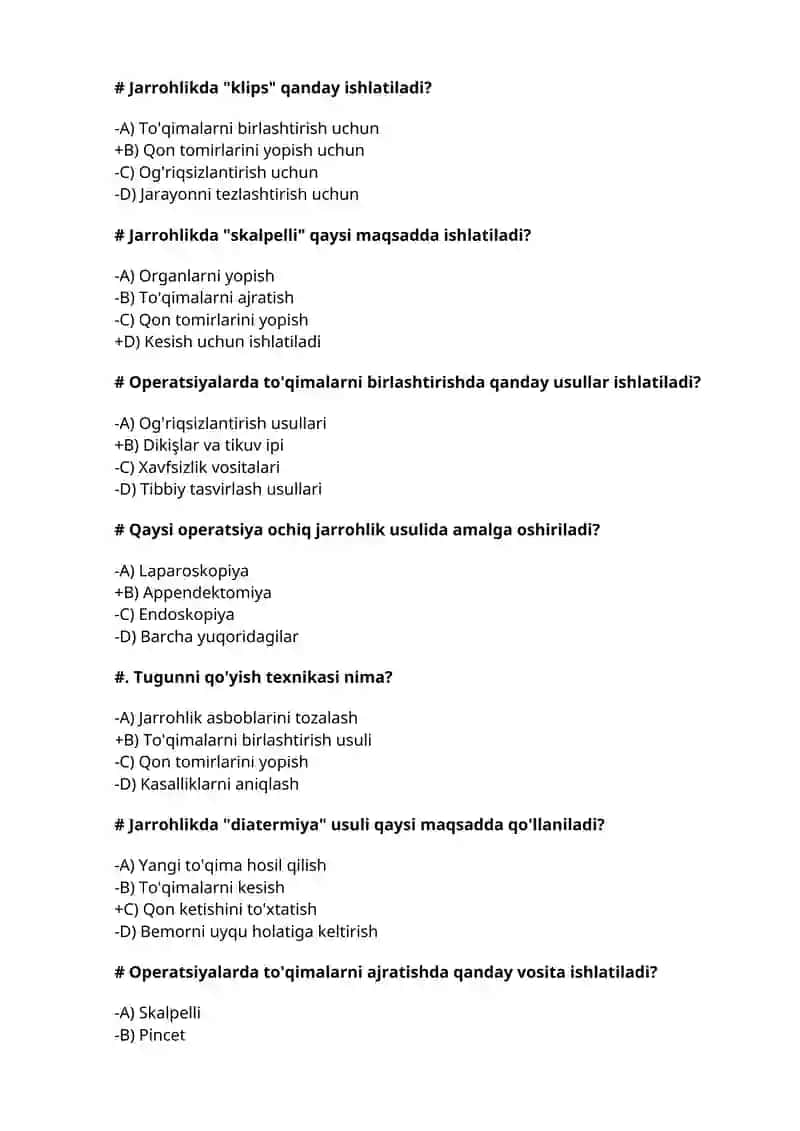 Operativ xirurgiya, Klinik anatomiya test, Davolash, Pediatriya, Stomatologiya, Farmatsiya, Oliy hamshiralik yo'nalishi uchun 3
