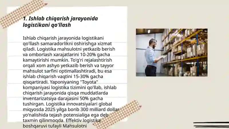 Ishlab chiqarish logistikasini o‘rganish, Ichki logistika va ishlab chiqarish jarayonlarini optimallash fanidan mustaqil ish 3