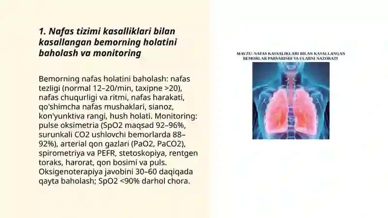 Nafas tizimi kasalliklari bilan kasallangan bemorlarning parvarishi va ularning nazorati. Kislorodoterapiya 3