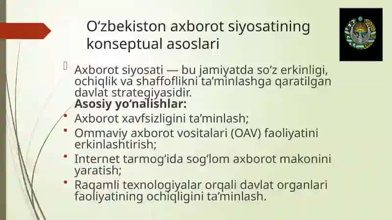 O‘zbekiston axborot siyosati, ekologiya, tibbiy turizm, xalq qabulxonalari, yoshlar siyosati va kadrlar siyosatining konseptual asoslari 3