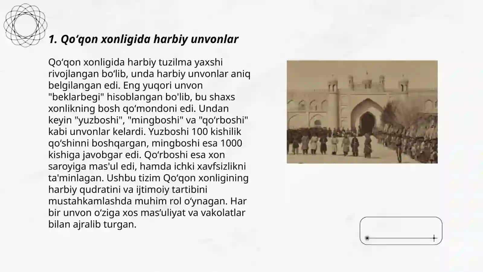 Qoʻqon xonligida harbiy maʼmuriy, diniy unvon, mansab va ularning boshqaruvdagi oʻrni 3