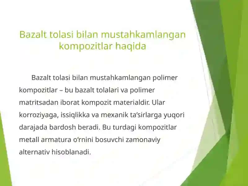 Bazalt tolasi bilan mustahkamlangan polimer kompozit (armatura, geosetka) mahsulotlarining qo'llanilishi 3