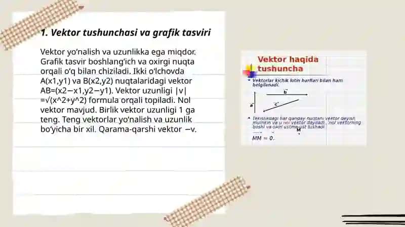 Vektorlar. Vektor koordinatalari. Koordinatalari bilan berilgan vektorlar ustida amallar 3