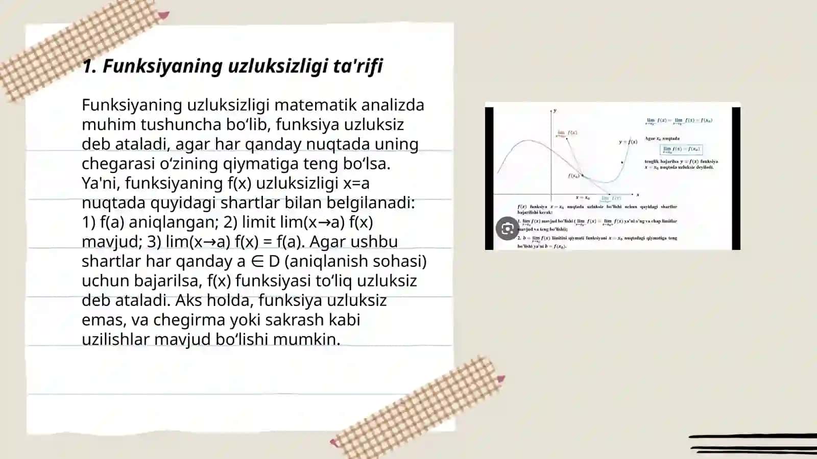 Funksiya nuqtada uzluksizligining taʼriflari.Bir tomonli uzluksizligi.Monoton funksiyaning uzluksizlik sharti 3