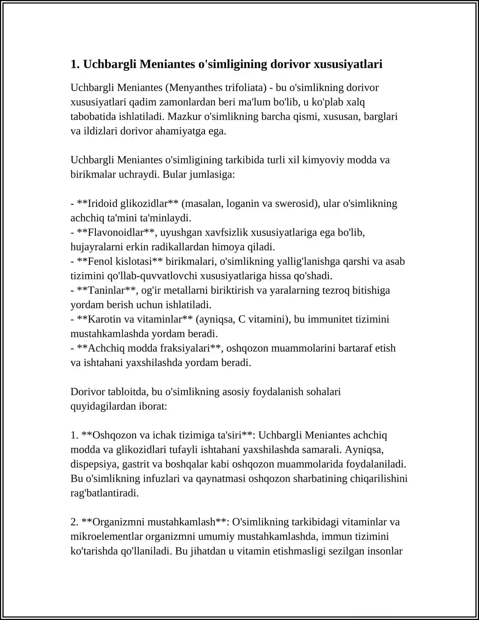 TARKIBIDA IRIDOIDLAR SAQLOVCHI DORIVOR OʻSIMLIK MAXSULOTLARIDAN UCHBARGLI MENIANTES, DORIVOR QOQI, TILLABOSH TURLARI VA ULAR SAQLAGAN BIOFAOL MODDALAR TAHLILI 3