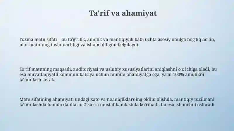 Yozma matnning toʻgʻrilik, aniqlik, mantiqiylik sifati 3