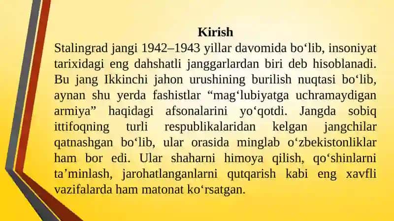 O‘zbekistonlik jangchilarning Stalingrad shaxridagi korsatgan jasorati va ulardan kutilgan vazifalar 3