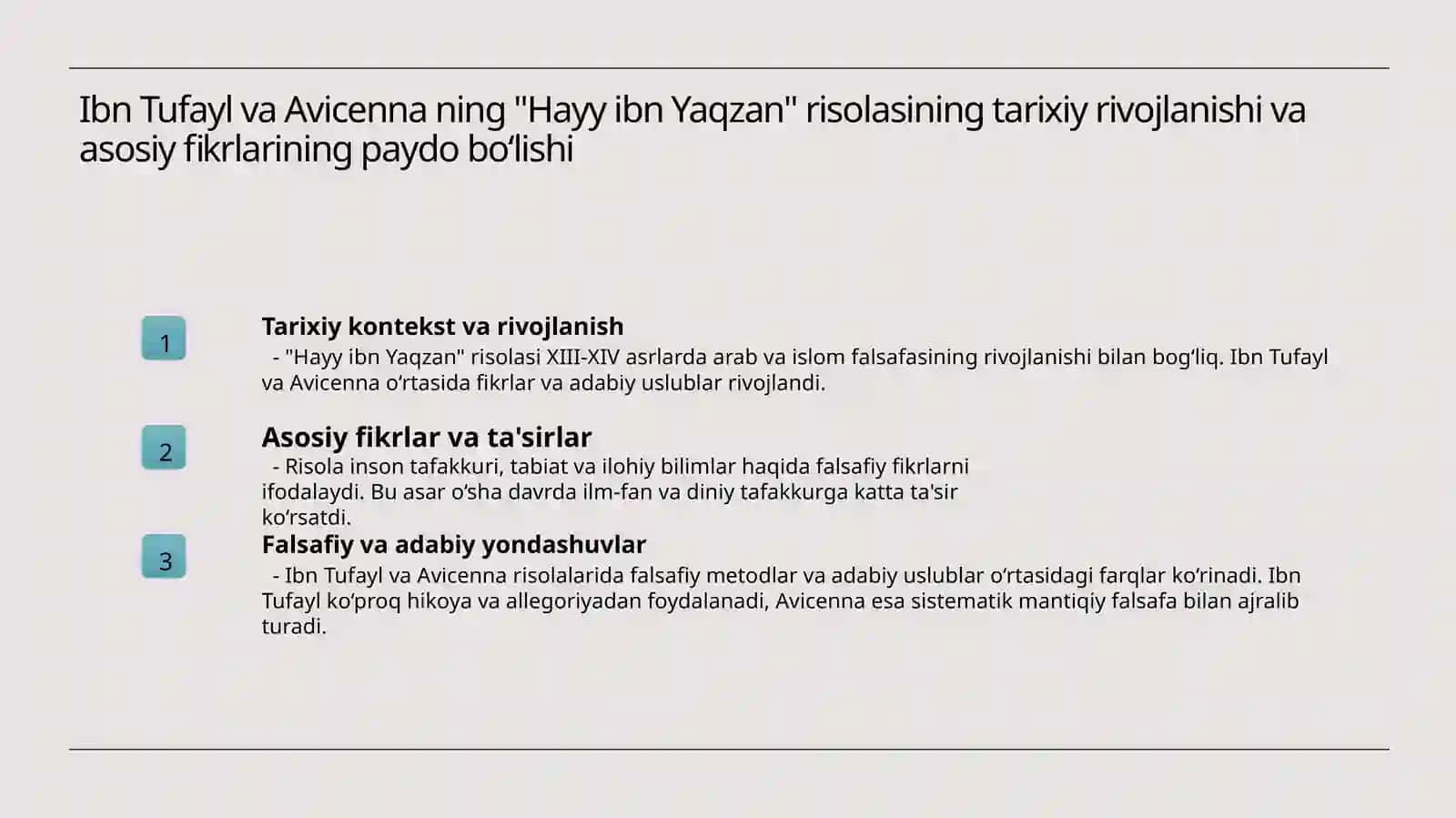 Ibn Tufayl va Ibn sinoning "xay ibn Yalzon oʻĝli" rislosini qiysiy tahlil etish 3