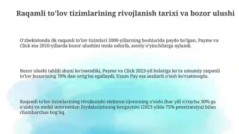 Raqamli to'lov tizimlari (Payme, Click, Uzum Pay) rivojlanishining statistik tahlili 3