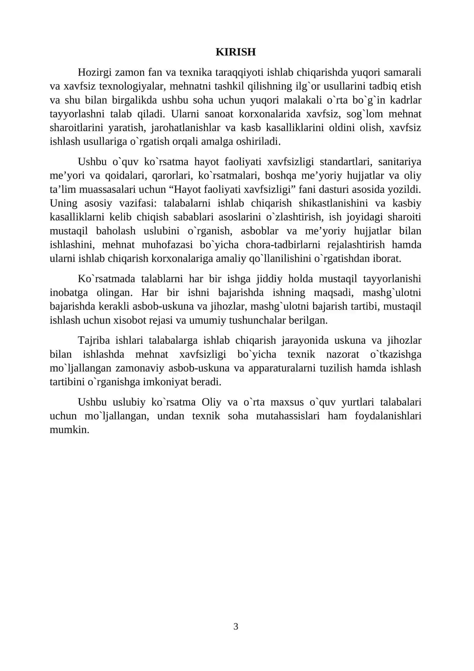 HAYOT FAOLIYATI XAVFSIZLIGI FANIDAN LABORATORIYA MASHG`ULOTLARINI BAJARISH UCHUN USLUBIY KO`RSATMA 3