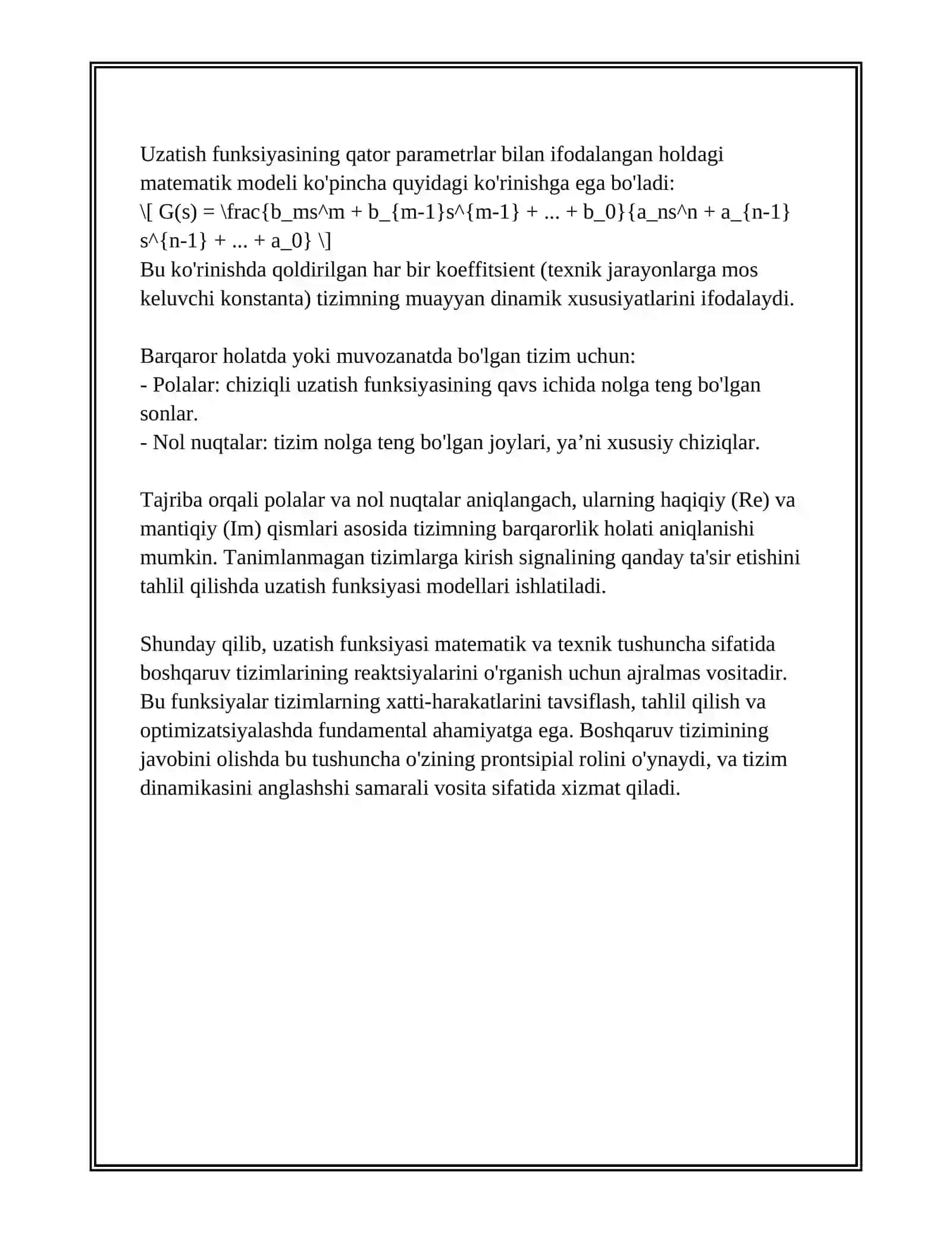 UZATISH FUNKSIYASI ASOSIDA BOSHGARUV TIZIMI JAVOBINI (Y(T)) HISOBLASH METODIKASI 3