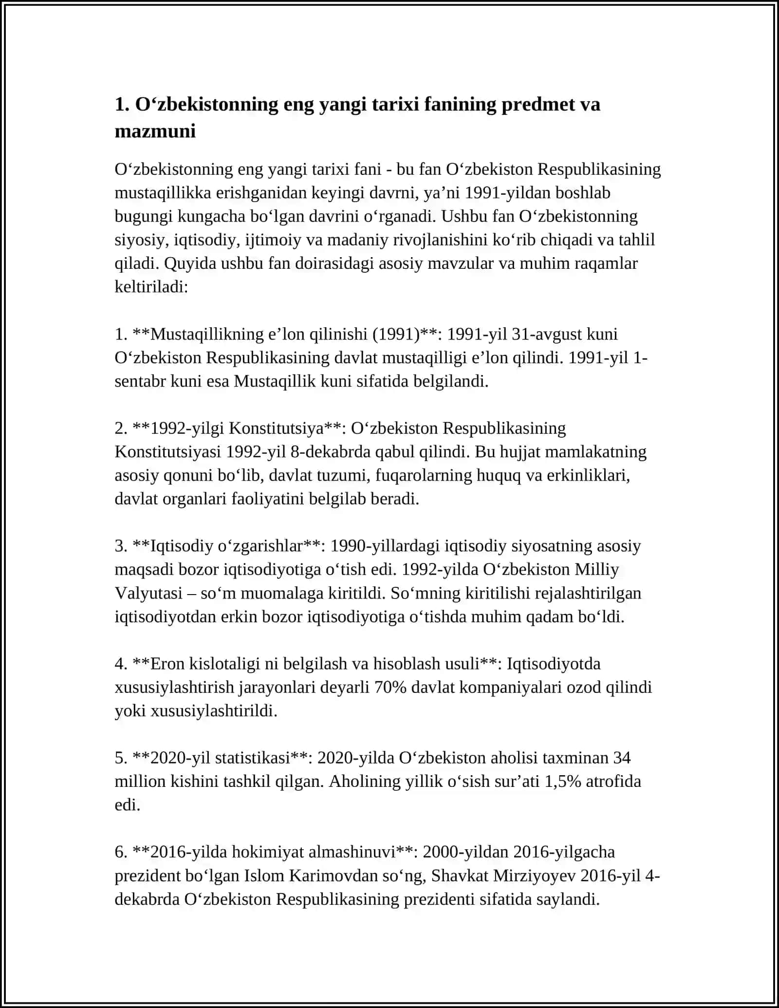 MUSTAQIL ISH Mavzu: “O‘ZBEKISTONNING ENG YANGI TARIXI” O‘QUV FANINING PREDMETI, MAQSADI VA VAZIFALARI, NAZARIY-METODOLOGIK TAMOYILLARI 3