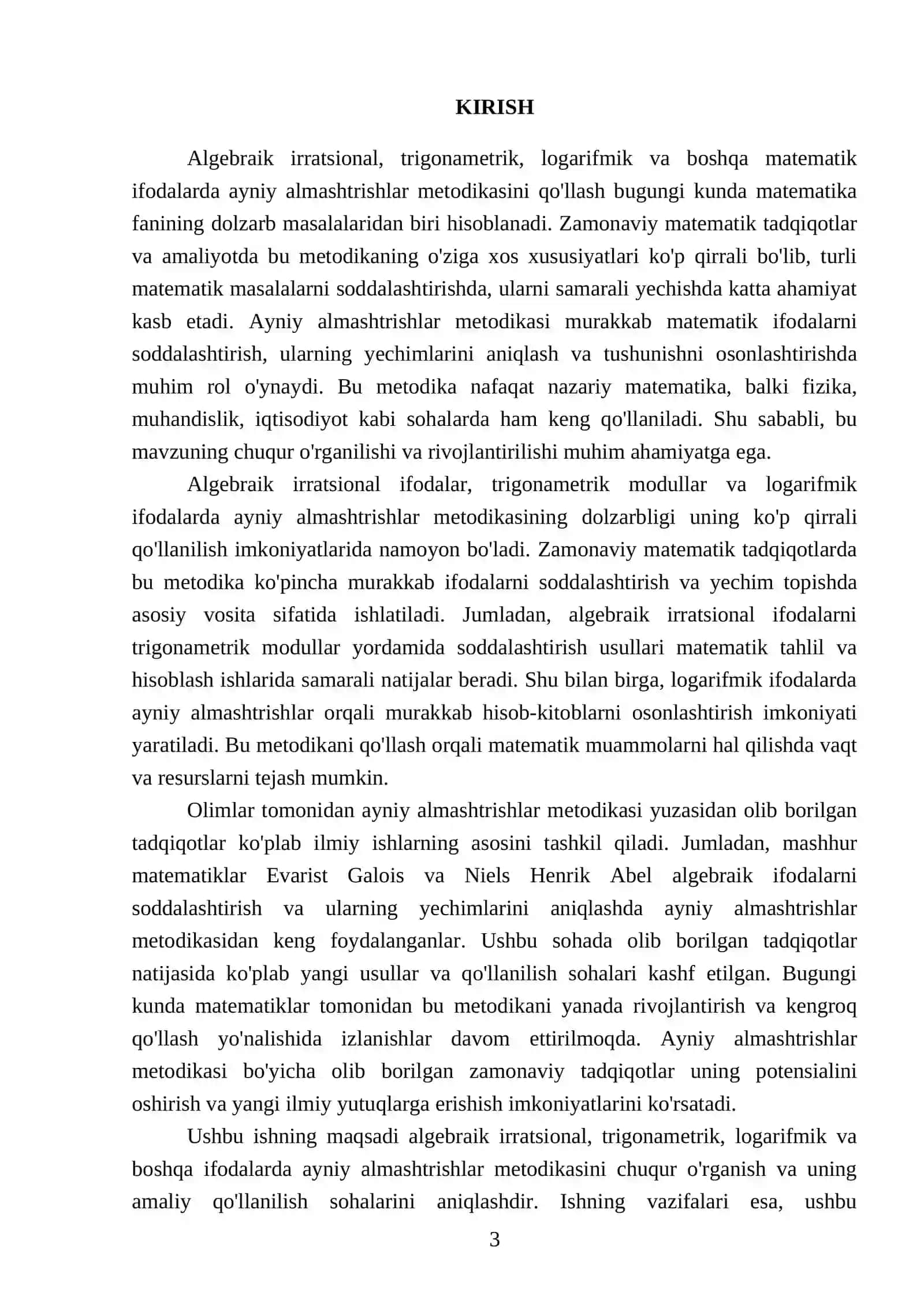 Algebraik irratsianal trganametirik moduli logarifmik va boshqa ifodalarda Ayniy almashtrishlar metodikasi 3