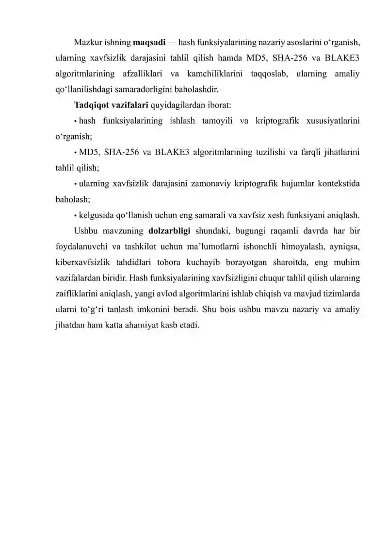 Hash funksiyalarining xavfsizlik tahlili (MD5, SHA-256, BLAKE3) 3